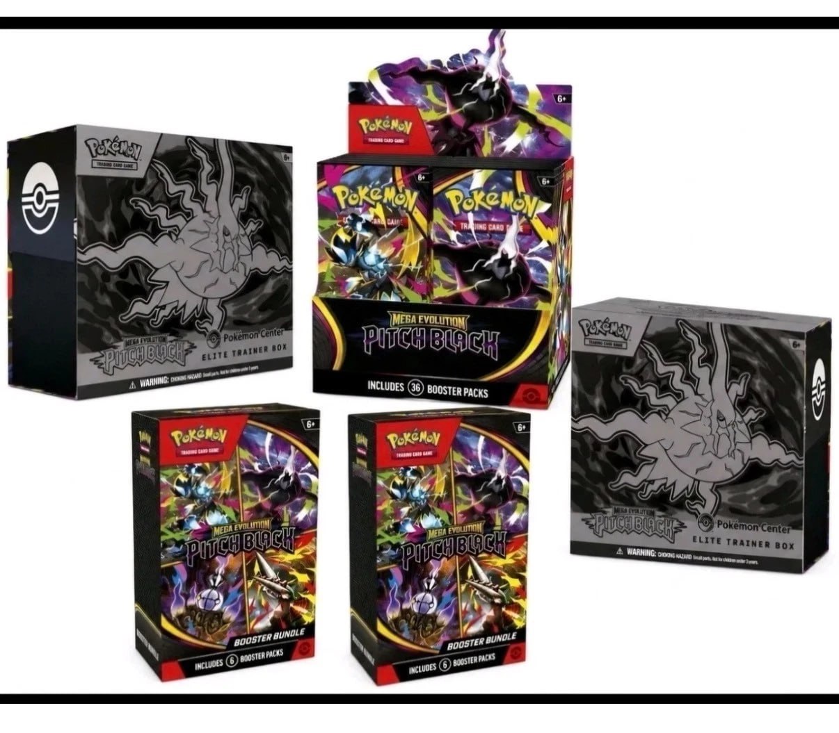 Pitch Black Pokémon TCG sealed products including Elite Trainer Boxes, booster box, and booster bundles